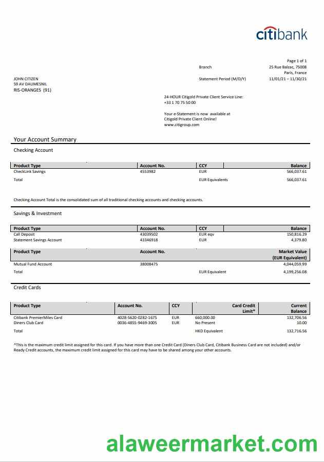 France Citibank bank statement